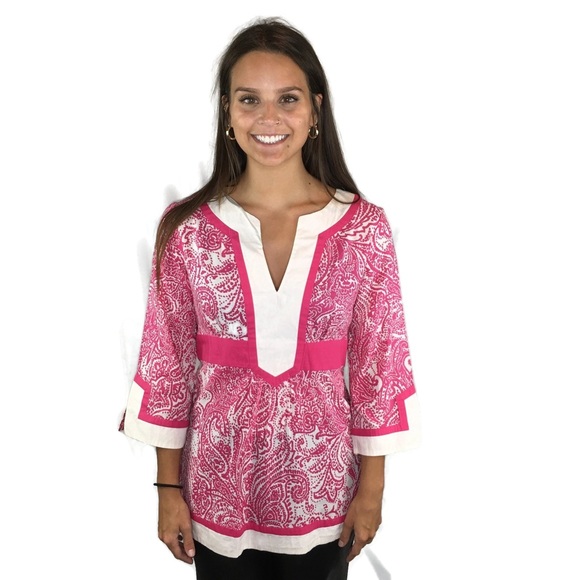 International Concepts Hot Pink Paisley Tunic Top With Back Tie Fitted size 8 - Picture 1 of 7